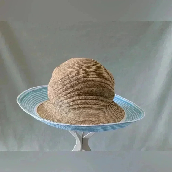 ERIC JAVITS Hampton Sun Hat Squishee Straw Packable Wide Brim Natural Gold Blue - Picture 1 of 12